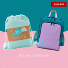 big day out bundle with picnic rug in mint carry bag and lilac on teal parents nappy backpack, save $60