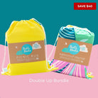the double up bundle showing yellow picnic rug and large waterproof playmat in branded carry bags